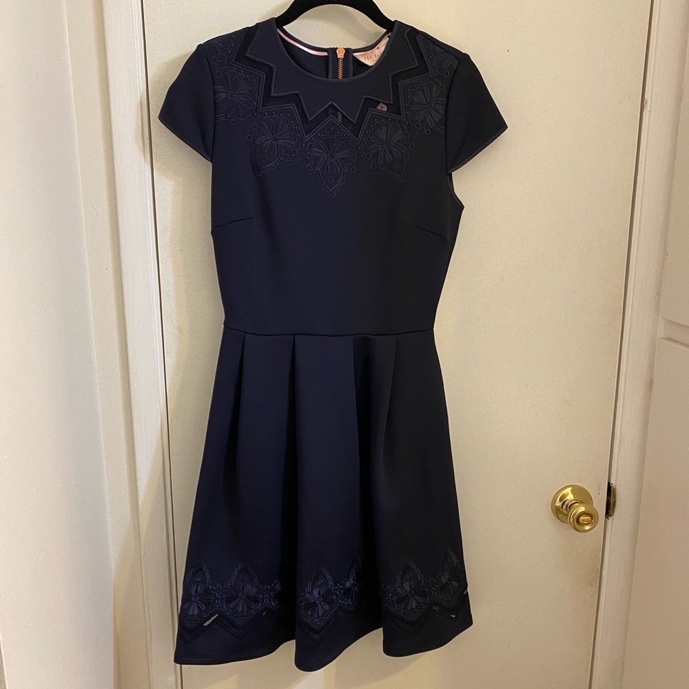 NWT - Ted Baker Cheskka Dress Navy Lace and Mesh Skater Dress Size 0-2